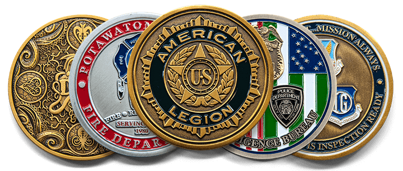 Stack of various challenge coins