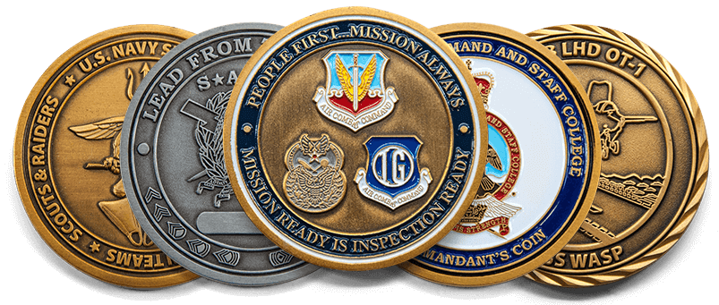 Stack of various challenge coins